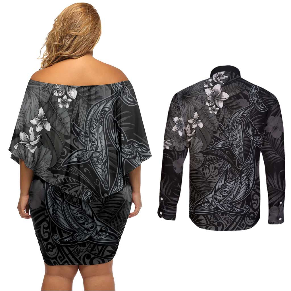 Hawaiian Tropical Plants and Tribal Whales Couples Matching Off Shoulder Short Dress and Long Sleeve Button Shirt Polynesian Art Tattoo Grayscale