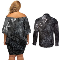 Hawaiian Tropical Plants and Tribal Whales Couples Matching Off Shoulder Short Dress and Long Sleeve Button Shirt Polynesian Art Tattoo Grayscale