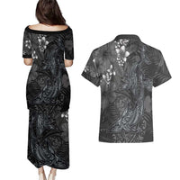 Hawaiian Tropical Plants and Tribal Whales Couples Matching Puletasi and Hawaiian Shirt Polynesian Art Tattoo Grayscale