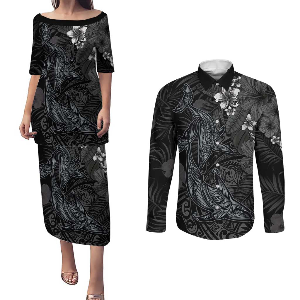 Hawaiian Tropical Plants and Tribal Whales Couples Matching Puletasi and Long Sleeve Button Shirt Polynesian Art Tattoo Grayscale
