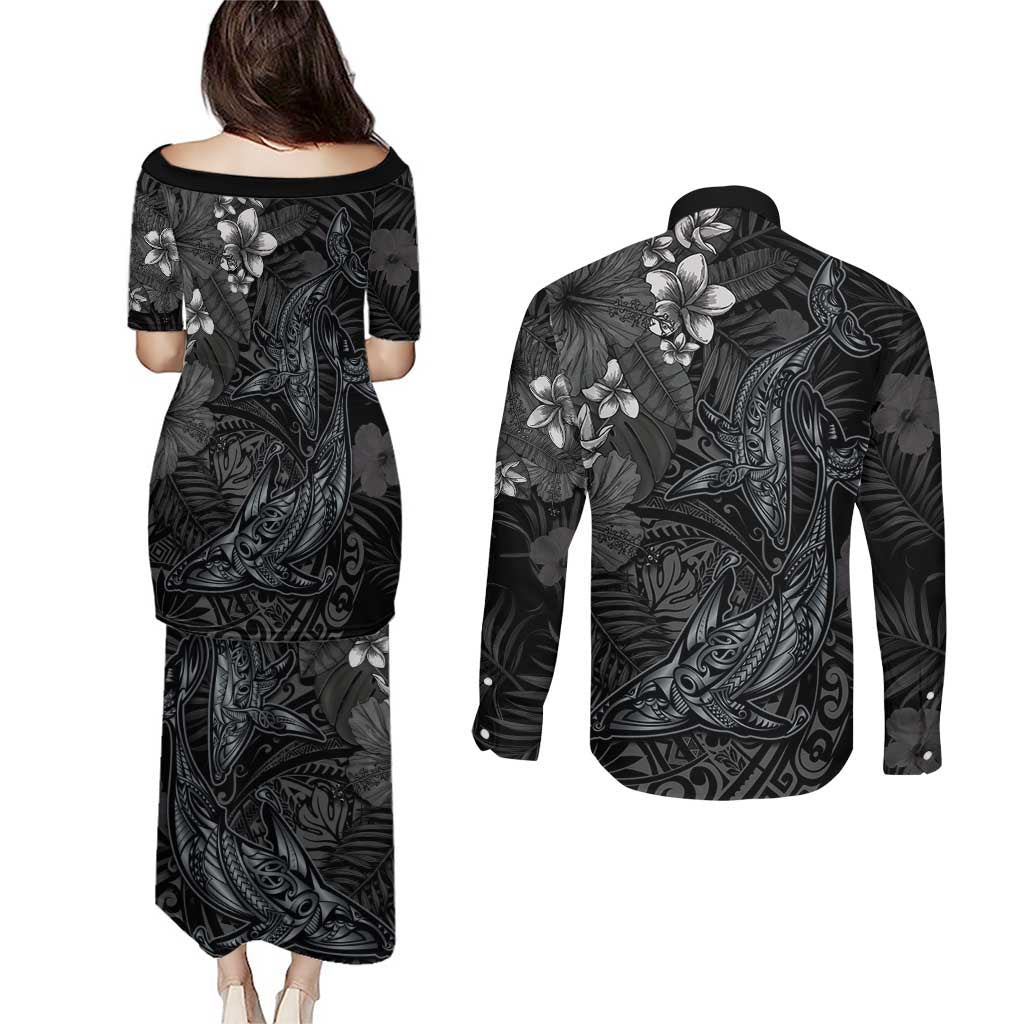 Hawaiian Tropical Plants and Tribal Whales Couples Matching Puletasi and Long Sleeve Button Shirt Polynesian Art Tattoo Grayscale
