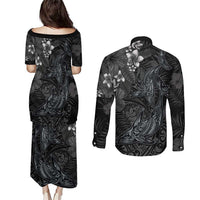 Hawaiian Tropical Plants and Tribal Whales Couples Matching Puletasi and Long Sleeve Button Shirt Polynesian Art Tattoo Grayscale