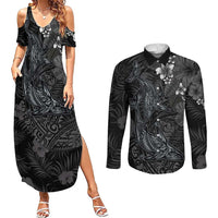 Hawaiian Tropical Plants and Tribal Whales Couples Matching Summer Maxi Dress and Long Sleeve Button Shirt Polynesian Art Tattoo Grayscale