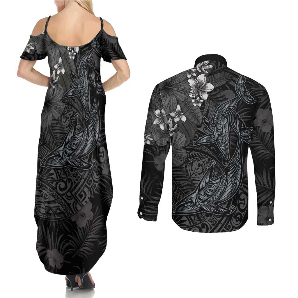 Hawaiian Tropical Plants and Tribal Whales Couples Matching Summer Maxi Dress and Long Sleeve Button Shirt Polynesian Art Tattoo Grayscale