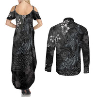 Hawaiian Tropical Plants and Tribal Whales Couples Matching Summer Maxi Dress and Long Sleeve Button Shirt Polynesian Art Tattoo Grayscale