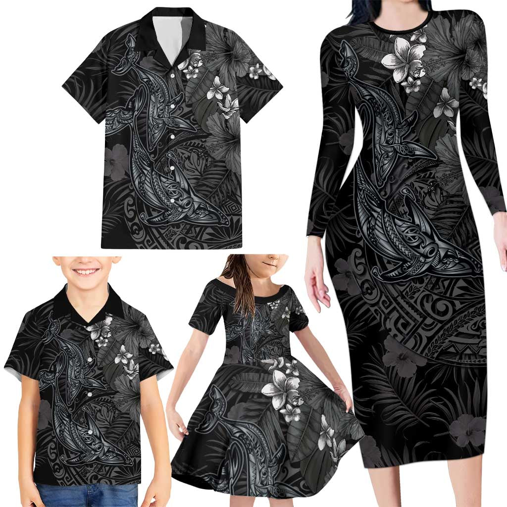 Hawaiian Tropical Plants and Tribal Whales Family Matching Long Sleeve Bodycon Dress and Hawaiian Shirt Polynesian Art Tattoo Grayscale LT03 - Polynesian Pride