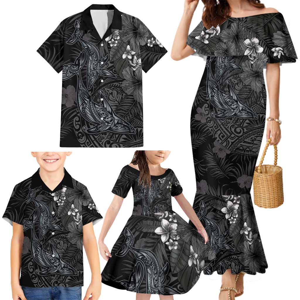Hawaiian Tropical Plants and Tribal Whales Family Matching Mermaid Dress and Hawaiian Shirt Polynesian Art Tattoo Grayscale LT03 - Polynesian Pride