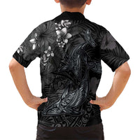 Hawaiian Tropical Plants and Tribal Whales Family Matching Off Shoulder Maxi Dress and Hawaiian Shirt Polynesian Art Tattoo Grayscale