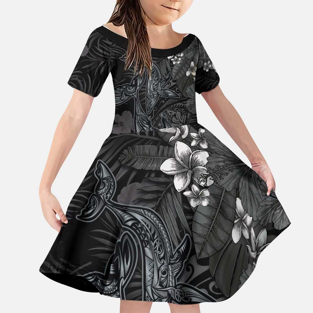 Hawaiian Tropical Plants and Tribal Whales Family Matching Off Shoulder Maxi Dress and Hawaiian Shirt Polynesian Art Tattoo Grayscale