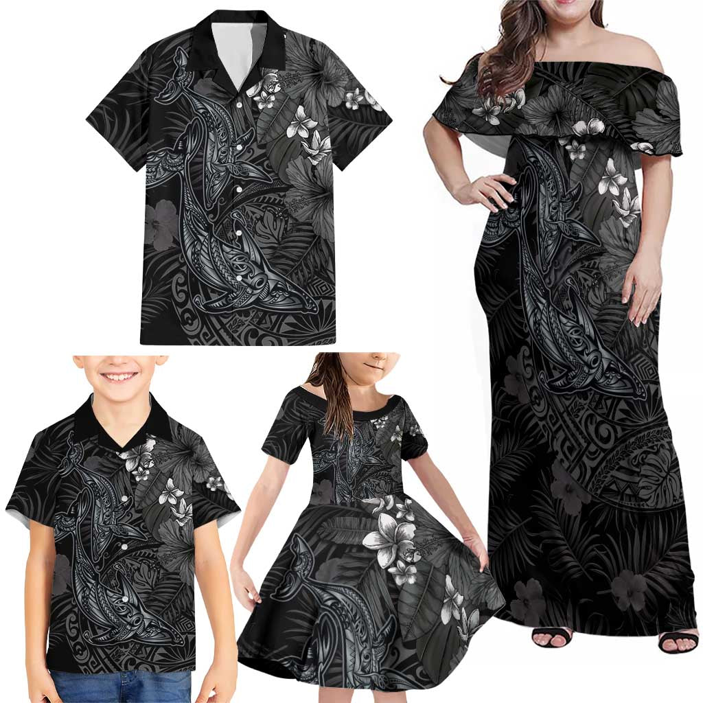Hawaiian Tropical Plants and Tribal Whales Family Matching Off Shoulder Maxi Dress and Hawaiian Shirt Polynesian Art Tattoo Grayscale