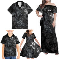 Hawaiian Tropical Plants and Tribal Whales Family Matching Off Shoulder Maxi Dress and Hawaiian Shirt Polynesian Art Tattoo Grayscale