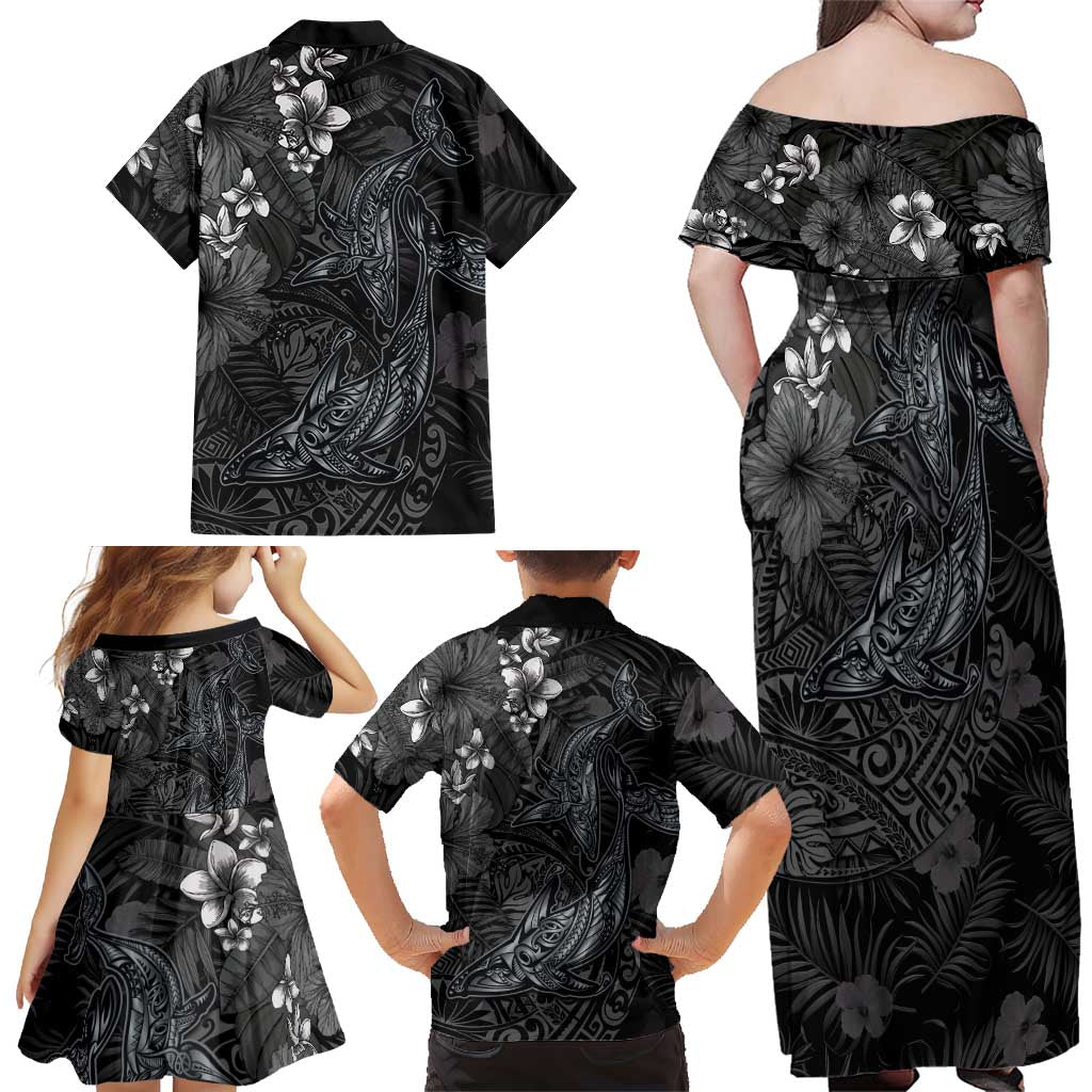Hawaiian Tropical Plants and Tribal Whales Family Matching Off Shoulder Maxi Dress and Hawaiian Shirt Polynesian Art Tattoo Grayscale
