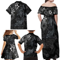 Hawaiian Tropical Plants and Tribal Whales Family Matching Off Shoulder Maxi Dress and Hawaiian Shirt Polynesian Art Tattoo Grayscale