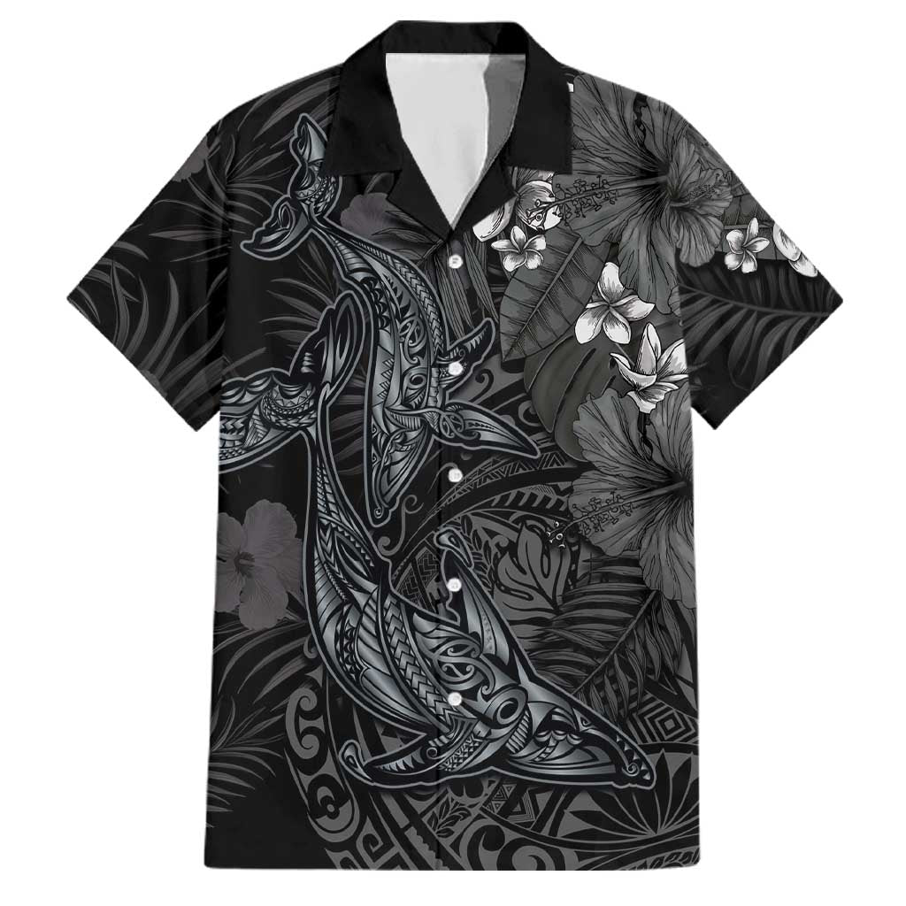 Hawaiian Tropical Plants and Tribal Whales Family Matching Off Shoulder Maxi Dress and Hawaiian Shirt Polynesian Art Tattoo Grayscale