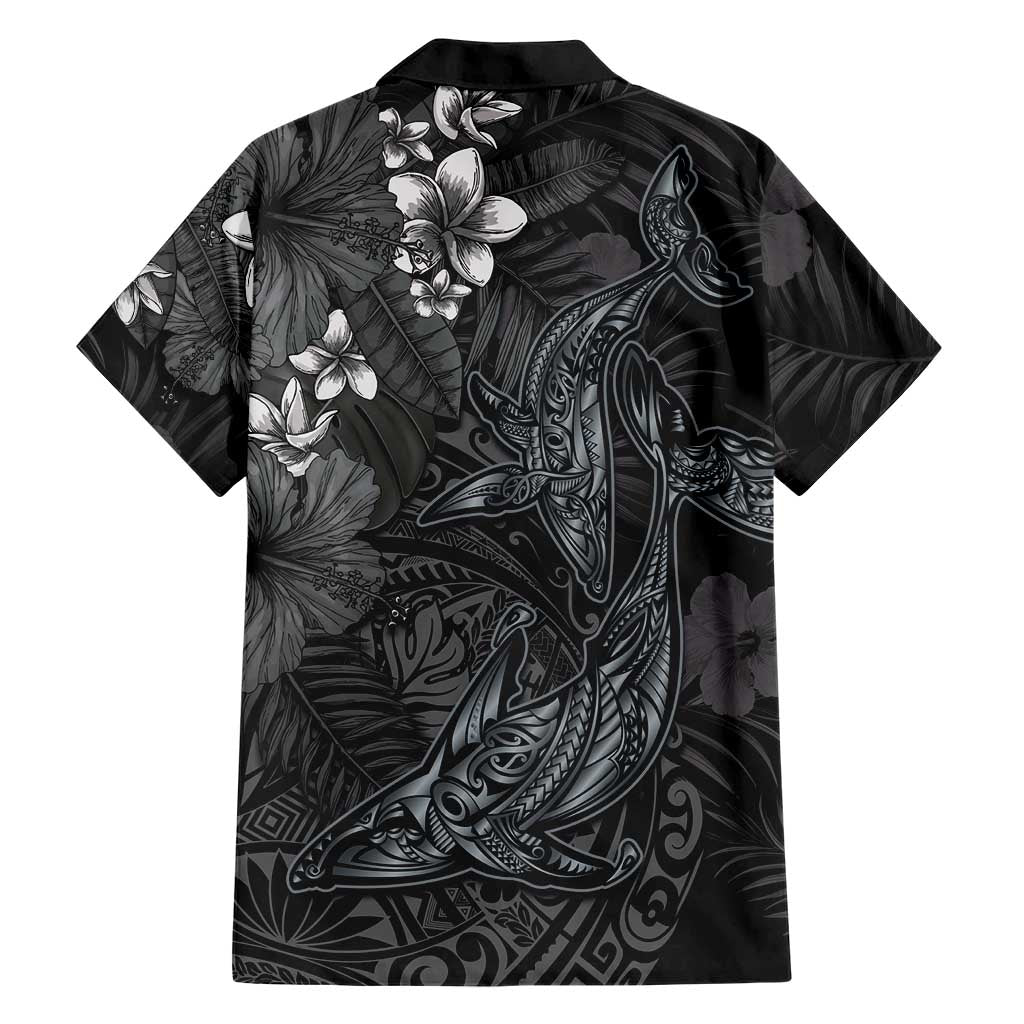 Hawaiian Tropical Plants and Tribal Whales Family Matching Off Shoulder Maxi Dress and Hawaiian Shirt Polynesian Art Tattoo Grayscale