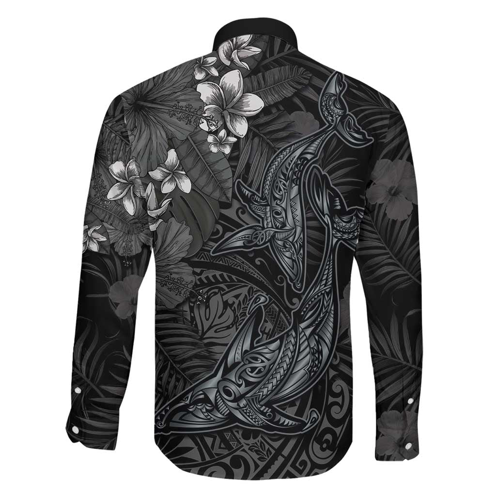 Hawaiian Tropical Plants and Tribal Whales Family Matching Off Shoulder Maxi Dress and Hawaiian Shirt Polynesian Art Tattoo Grayscale