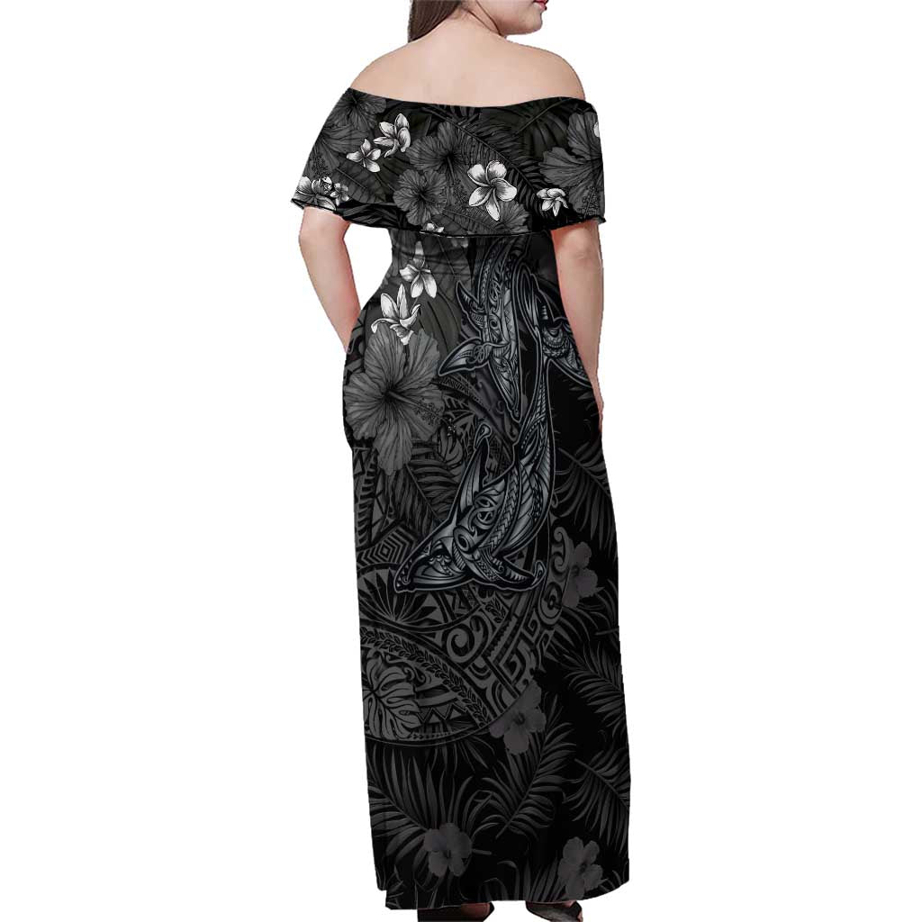 Hawaiian Tropical Plants and Tribal Whales Family Matching Off Shoulder Maxi Dress and Hawaiian Shirt Polynesian Art Tattoo Grayscale