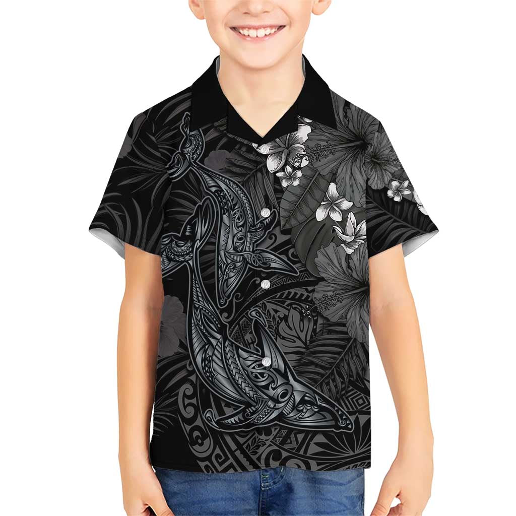 Hawaiian Tropical Plants and Tribal Whales Family Matching Off Shoulder Maxi Dress and Hawaiian Shirt Polynesian Art Tattoo Grayscale