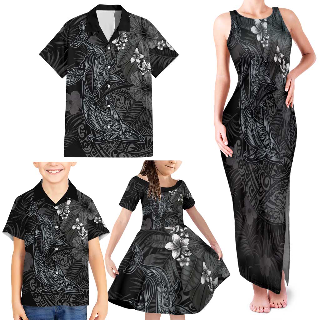Hawaiian Tropical Plants and Tribal Whales Family Matching Tank Maxi Dress and Hawaiian Shirt Polynesian Art Tattoo Grayscale LT03 - Polynesian Pride