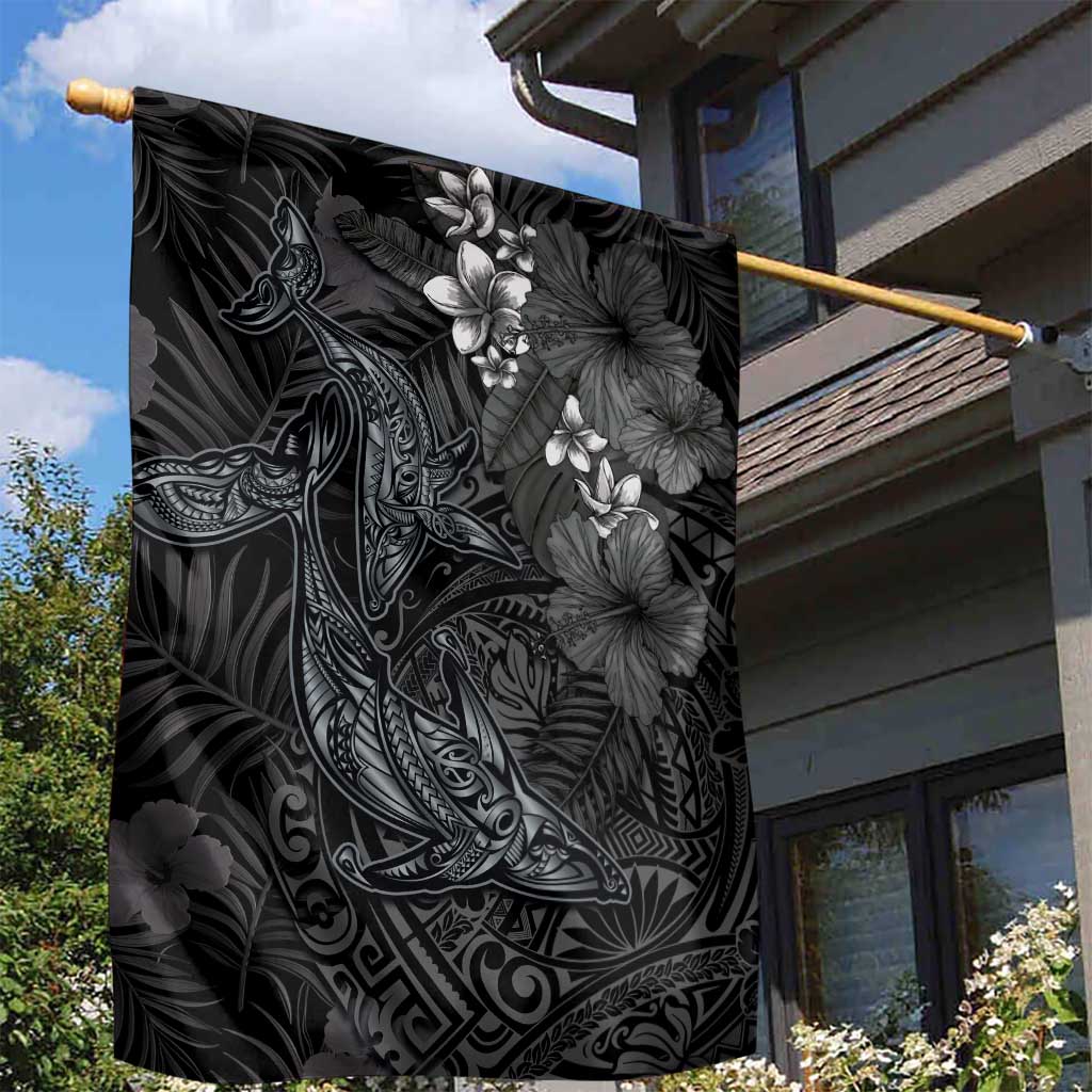 Hawaiian Tropical Plants and Tribal Whales Garden Flag Polynesian Art Tattoo Grayscale