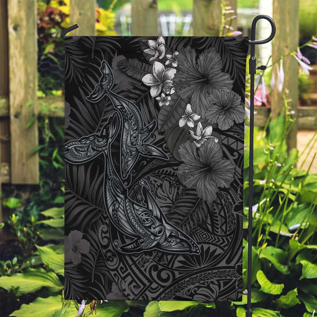 Hawaiian Tropical Plants and Tribal Whales Garden Flag Polynesian Art Tattoo Grayscale