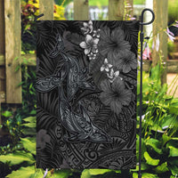 Hawaiian Tropical Plants and Tribal Whales Garden Flag Polynesian Art Tattoo Grayscale