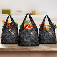 Hawaiian Tropical Plants and Tribal Whales Grocery Bag Polynesian Art Tattoo Grayscale LT03 3-pack One Size Black - Polynesian Pride