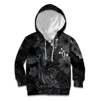 Hawaiian Tropical Plants and Tribal Whales Kid Hoodie Polynesian Art Tattoo Grayscale