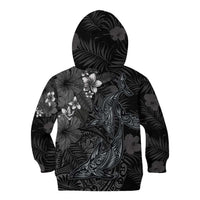 Hawaiian Tropical Plants and Tribal Whales Kid Hoodie Polynesian Art Tattoo Grayscale