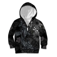 Hawaiian Tropical Plants and Tribal Whales Kid Hoodie Polynesian Art Tattoo Grayscale