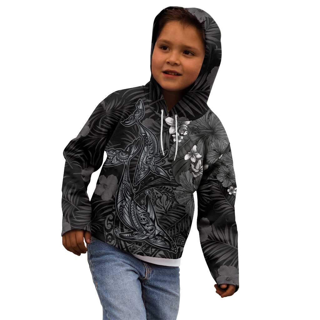 Hawaiian Tropical Plants and Tribal Whales Kid Hoodie Polynesian Art Tattoo Grayscale