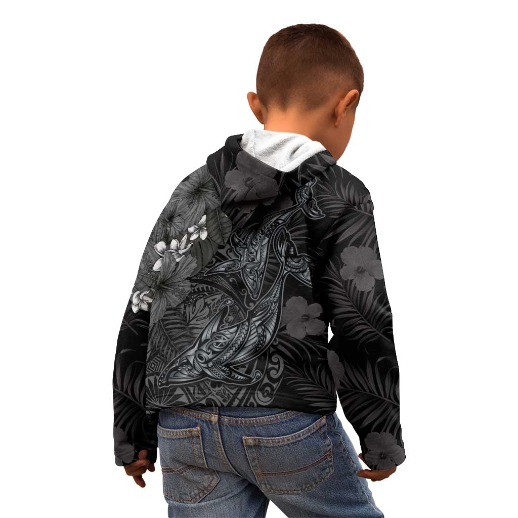 Hawaiian Tropical Plants and Tribal Whales Kid Hoodie Polynesian Art Tattoo Grayscale