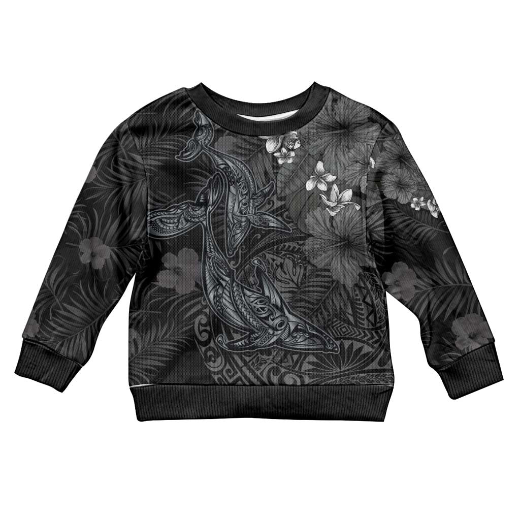 Hawaiian Tropical Plants and Tribal Whales Kid Ugly Christmas Sweater Polynesian Art Tattoo Grayscale