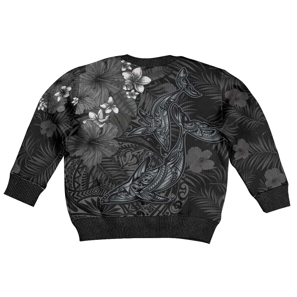 Hawaiian Tropical Plants and Tribal Whales Kid Ugly Christmas Sweater Polynesian Art Tattoo Grayscale