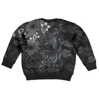 Hawaiian Tropical Plants and Tribal Whales Kid Ugly Christmas Sweater Polynesian Art Tattoo Grayscale