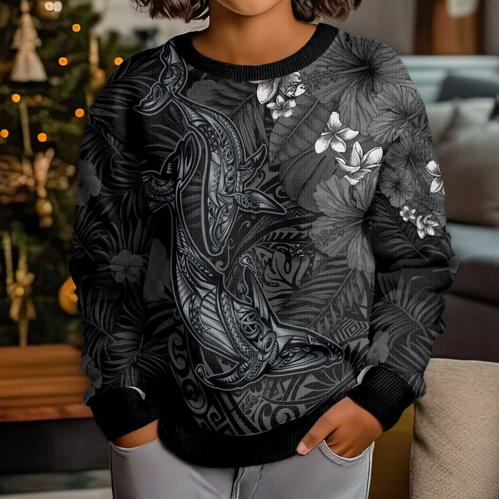 Hawaiian Tropical Plants and Tribal Whales Kid Ugly Christmas Sweater Polynesian Art Tattoo Grayscale