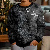 Hawaiian Tropical Plants and Tribal Whales Kid Ugly Christmas Sweater Polynesian Art Tattoo Grayscale
