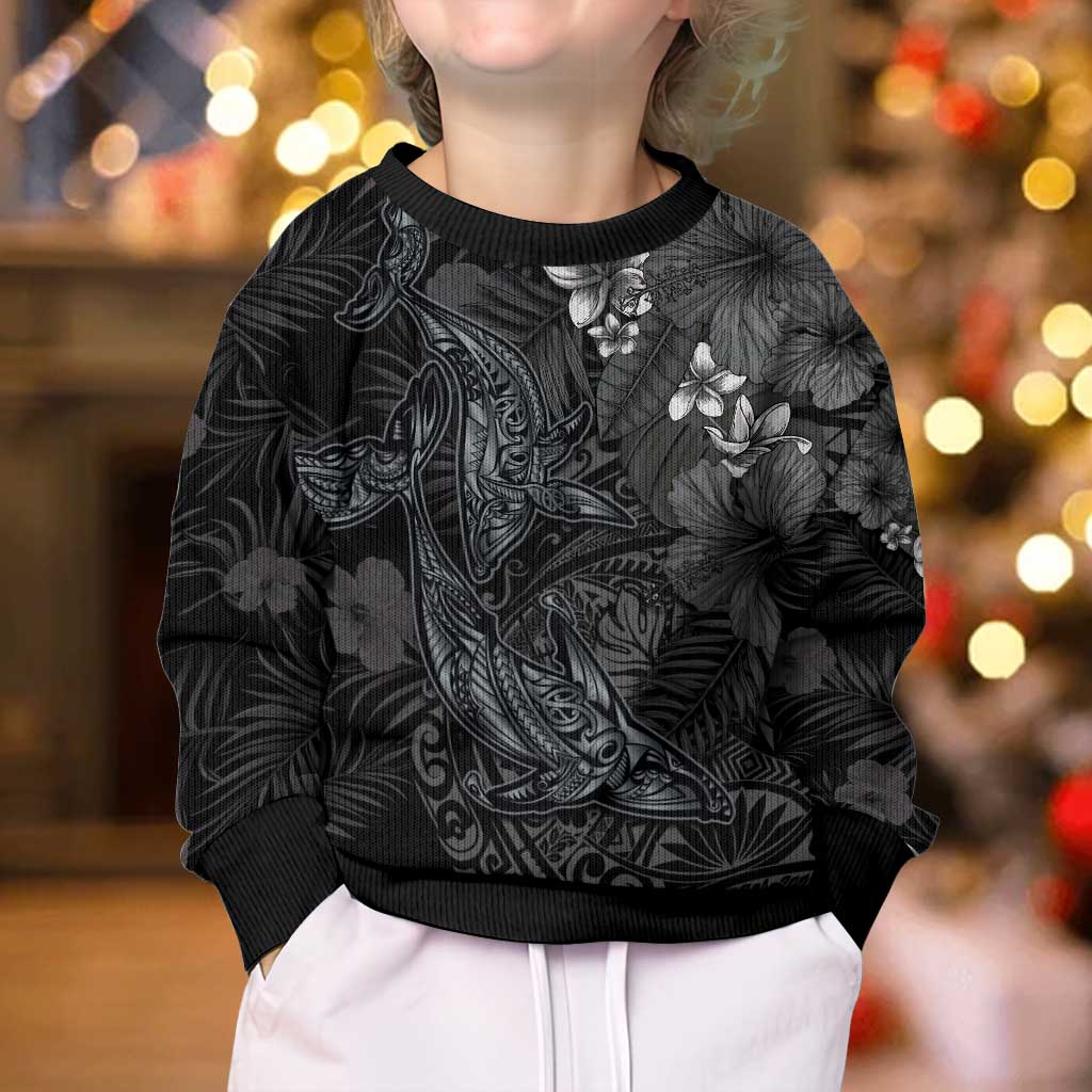 Hawaiian Tropical Plants and Tribal Whales Kid Ugly Christmas Sweater Polynesian Art Tattoo Grayscale
