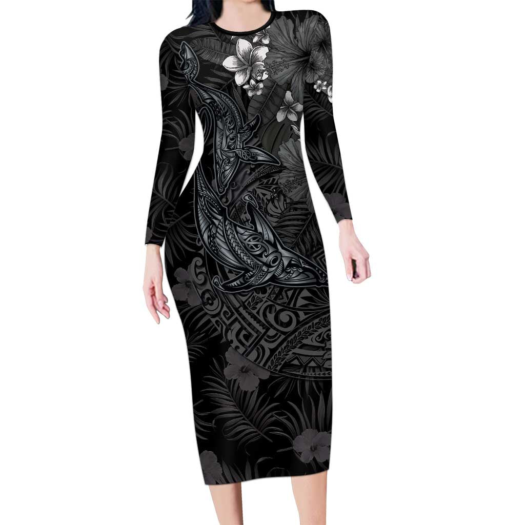 Hawaiian Tropical Plants and Tribal Whales Long Sleeve Bodycon Dress Polynesian Art Tattoo Grayscale