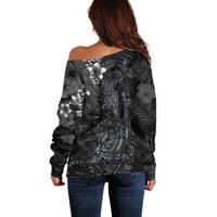Hawaiian Tropical Plants and Tribal Whales Off Shoulder Sweater Polynesian Art Tattoo Grayscale