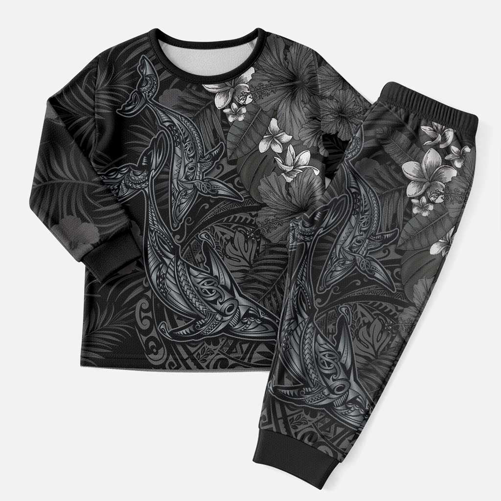 Hawaiian Tropical Plants and Tribal Whales Christmas Pajama Set Polynesian Art Tattoo Grayscale