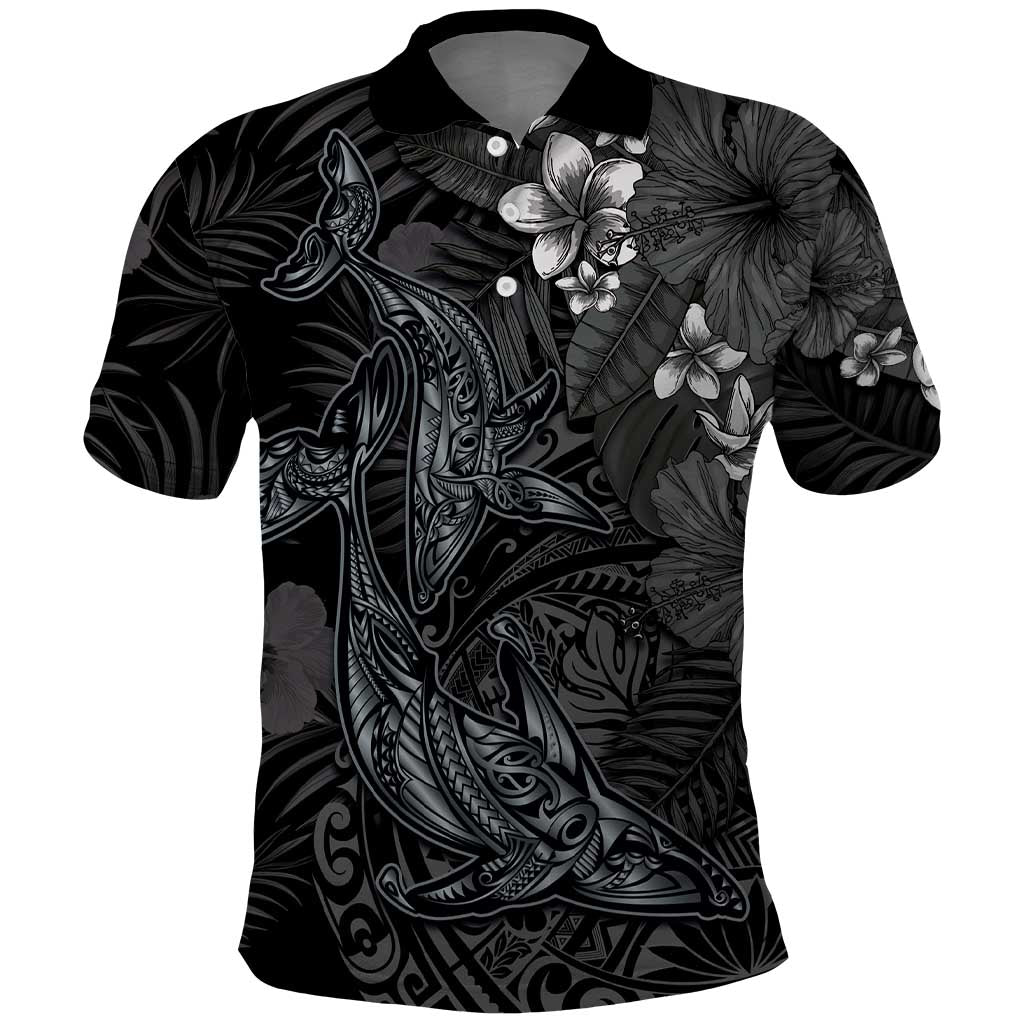Hawaiian Tropical Plants and Tribal Whales Polo Shirt Polynesian Art Tattoo Grayscale