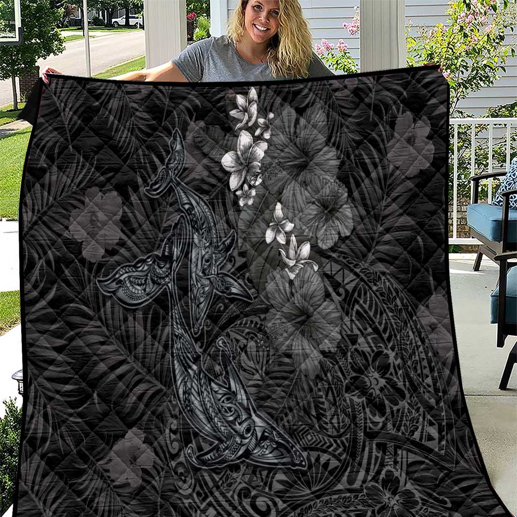 Hawaiian Tropical Plants and Tribal Whales Quilt Polynesian Art Tattoo Grayscale LT03 Black - Polynesian Pride