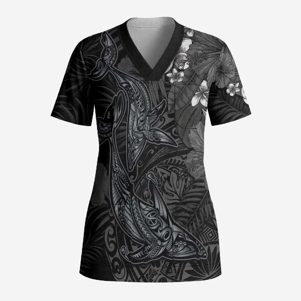 Hawaiian Tropical Plants and Tribal Whales Scrub Top Polynesian Art Tattoo Grayscale LT03 Adult Black - Polynesian Pride