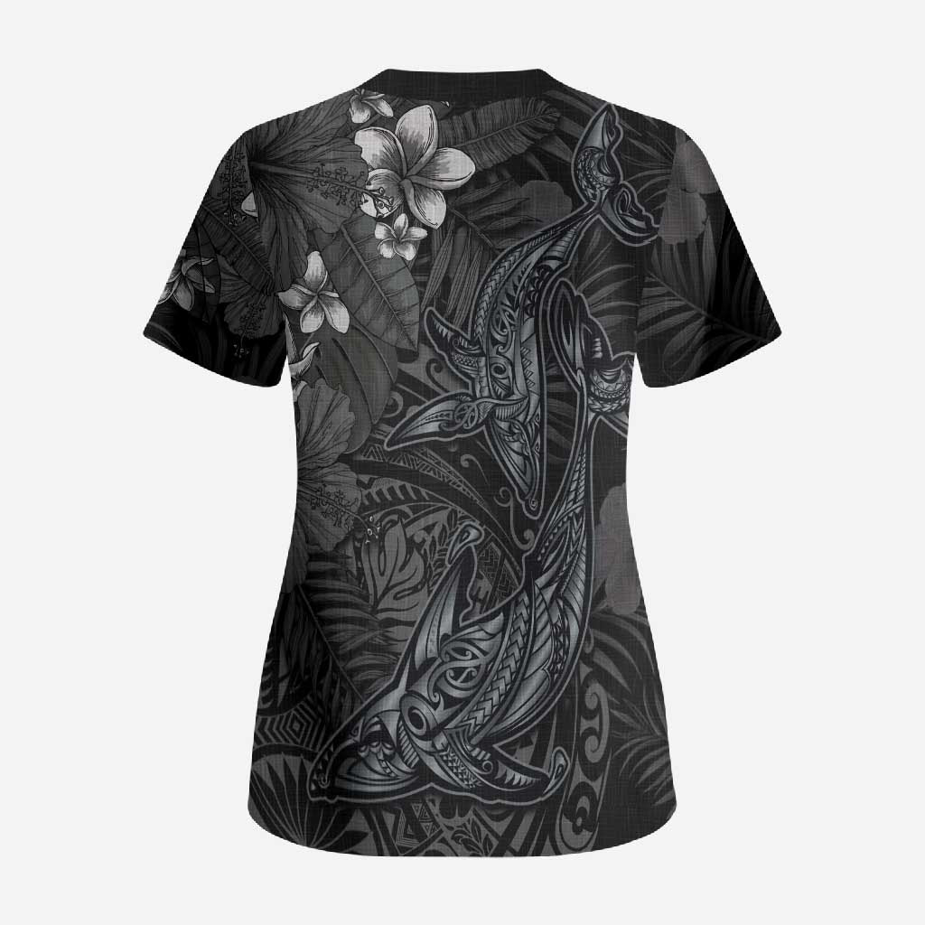 Hawaiian Tropical Plants and Tribal Whales Scrub Top Polynesian Art Tattoo Grayscale LT03 - Polynesian Pride
