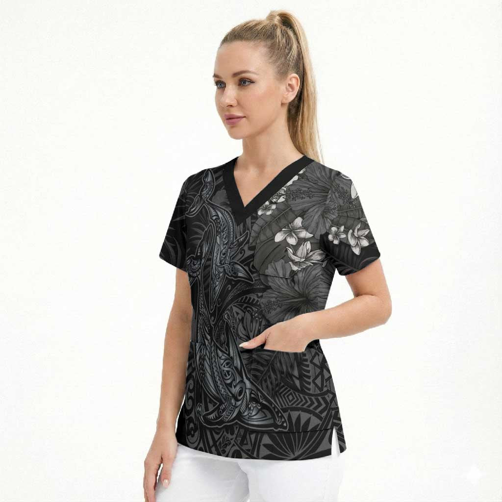Hawaiian Tropical Plants and Tribal Whales Scrub Top Polynesian Art Tattoo Grayscale LT03 - Polynesian Pride