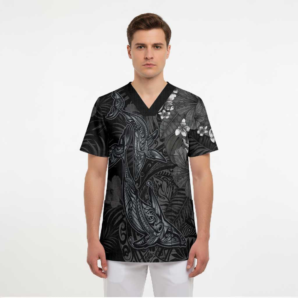Hawaiian Tropical Plants and Tribal Whales Scrub Top Polynesian Art Tattoo Grayscale LT03 - Polynesian Pride
