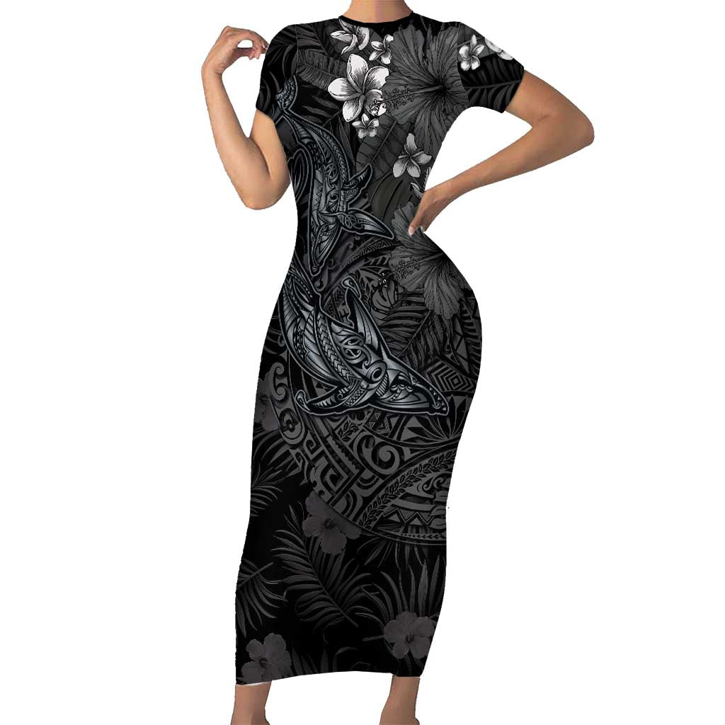 Hawaiian Tropical Plants and Tribal Whales Short Sleeve Bodycon Dress Polynesian Art Tattoo Grayscale