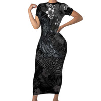 Hawaiian Tropical Plants and Tribal Whales Short Sleeve Bodycon Dress Polynesian Art Tattoo Grayscale