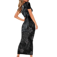 Hawaiian Tropical Plants and Tribal Whales Short Sleeve Bodycon Dress Polynesian Art Tattoo Grayscale